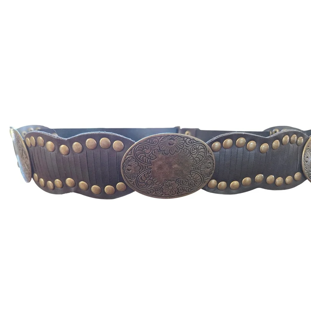Bohemian, Prairie Ornate Floral Brass Medallions & Studded Leather Belt Sz M